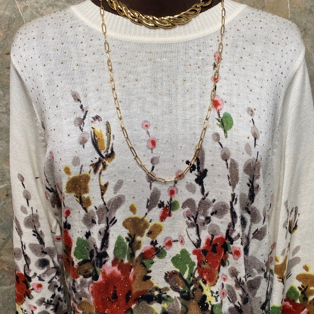 Rebecca Malone Floral shirt top blouse tunic sweater pull over chic xl knit - Picture 3 of 14